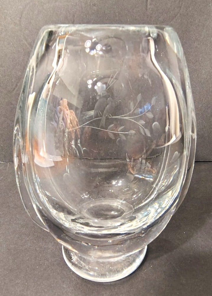 Vintage Orrefors Thick Walled Etched Birds Glass Bud Flower Vase, Marked