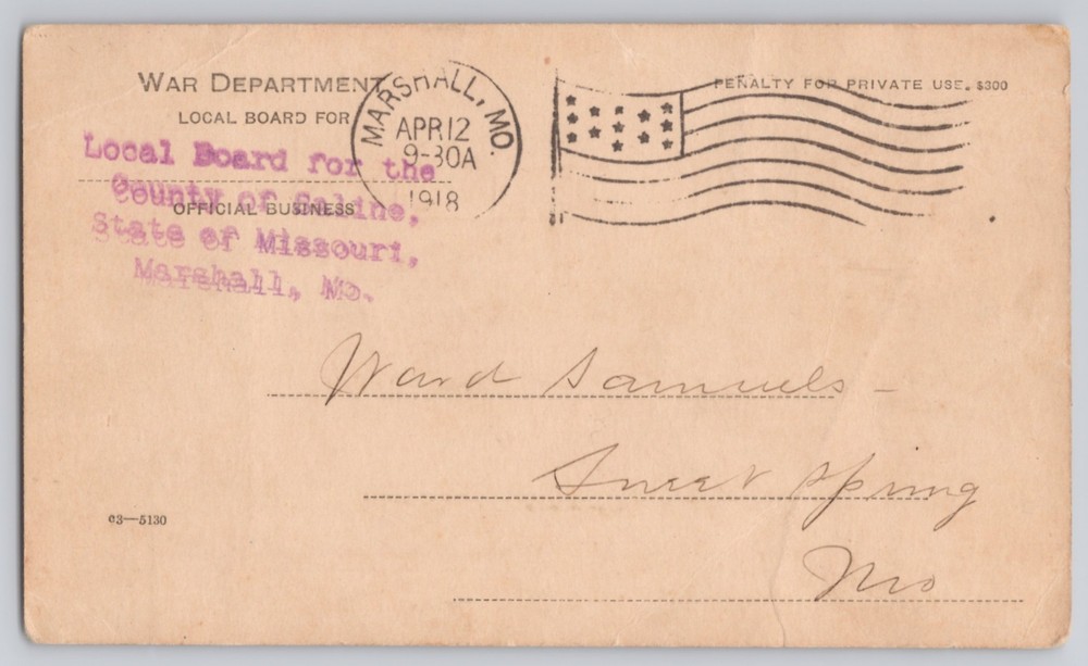 Marshall, MO War Dept. Local Board classification form, White Border 1918