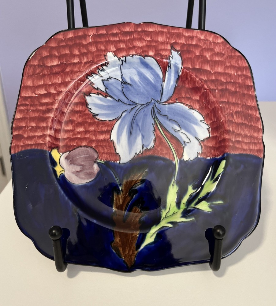 H & K Tunstall Lonsdale Bread Plate Hand Painted Art Deco Blue Iris Flower 7”D