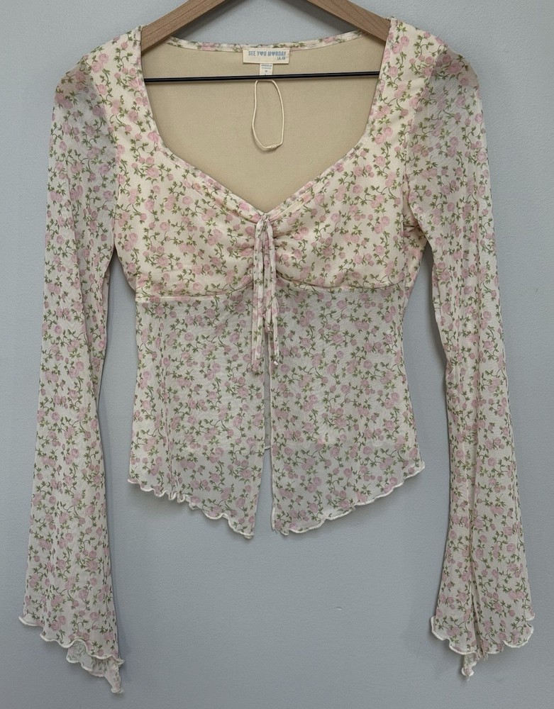 See You Monday Women’s Long Sleeve Floral Tie Front Top Sz L Romantic Fairy Y2K