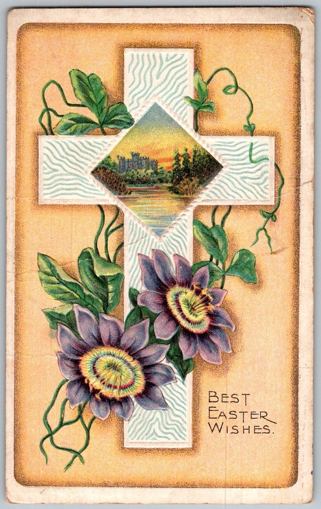 Antique Postcard Easter Cross Passion Flowers 1910s