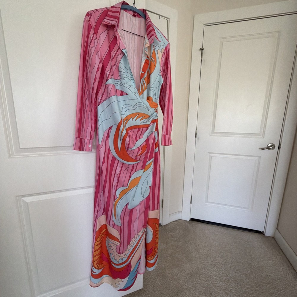 Mundefeis Womens Pink Abstract Graphic Print Side Button Maxi Shirt Dress S-image