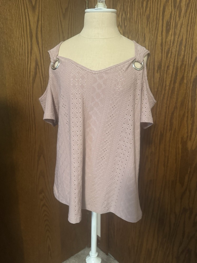 RANLEGE Pink Solid Knit Cold Shoulder Short Sleeve Pullover Top XL Women