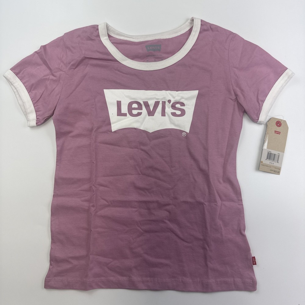 Levi's Logo Ringer Tee Girls Size Medium Crewneck Short Sleeve Pink Logo Design