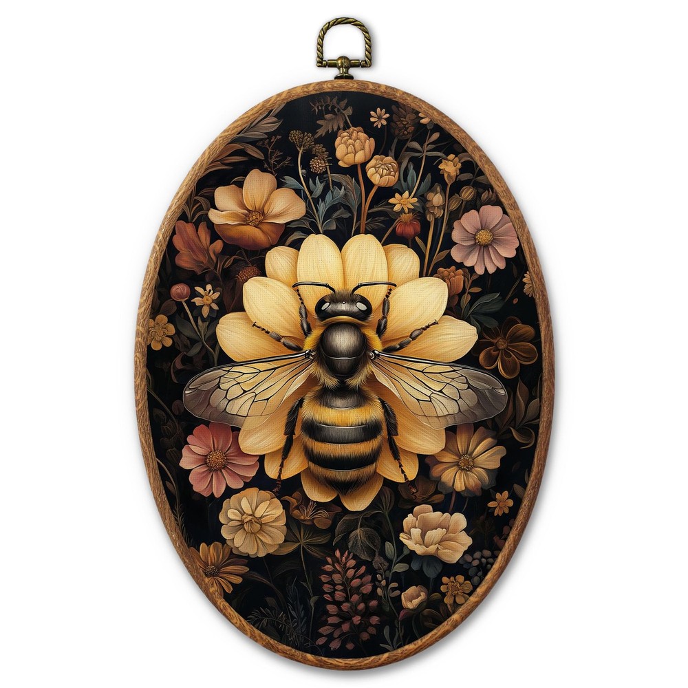 Vintage Bee Oval Framed Wall Art, Cottagecore Canvas Wall Decor, Dark Academi...