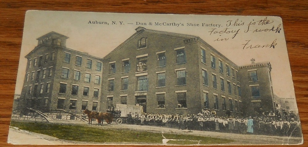 Hand Colored Postcard Dun & McCarthy's Shoe Factory, Auburn, New York 1911 U2