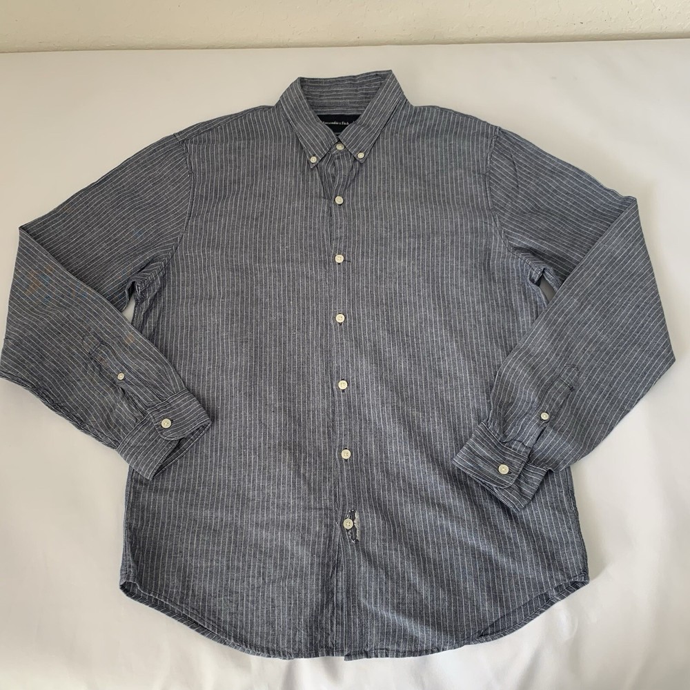 Abercrombie & Fitch Shirt Men L Linen Blend Stripe Button Up Long Sleeve FLAW