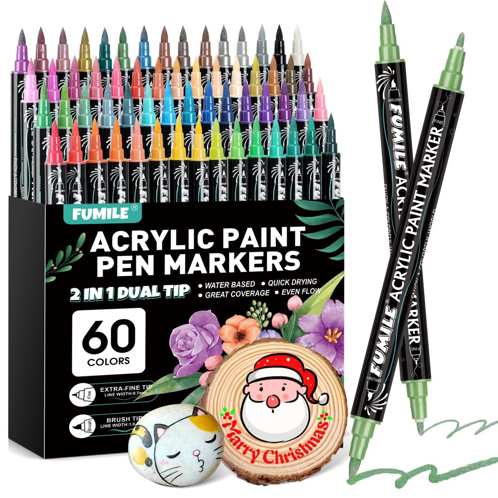 60-Color Dual Tip Acrylic Paint Markers Set with Fine & Brush Tips for Artists and Crafting