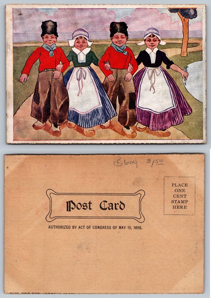 Vintage Dutch Children Postcard - Traditional Costume & Wooden Shoes