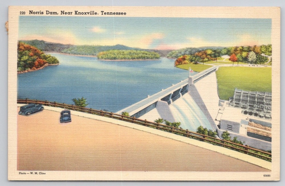 1939 Norris Dam Knoxville TN Vintage Linen Postcard TVA Project Cars Posted