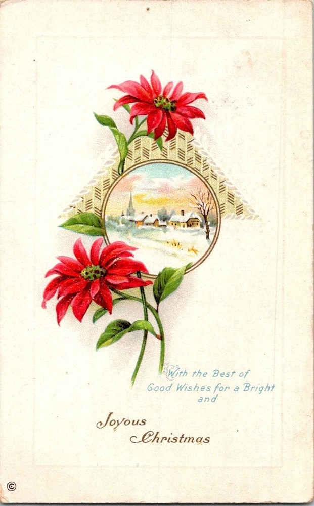 1913 Christmas Postcard Poinsettias Winter Village Scene Manchester VT Postmark