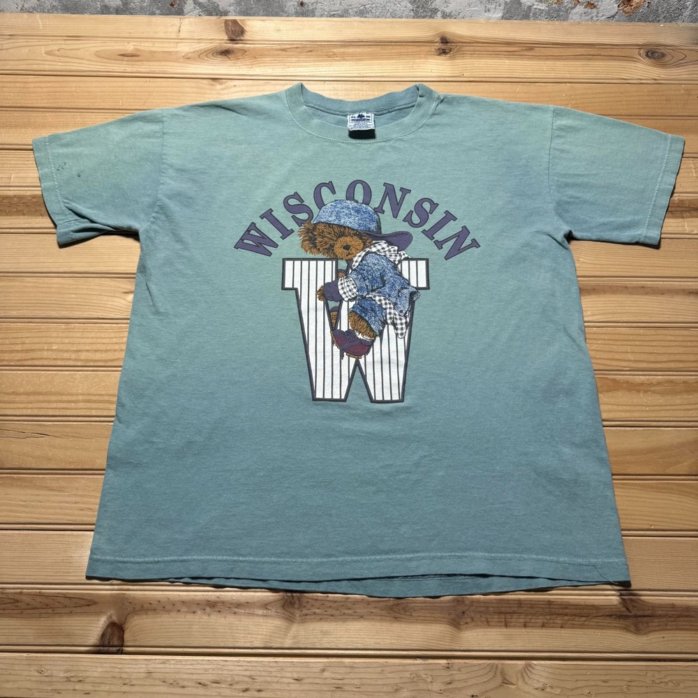 Vintage 90s Wisconsin Badgers Teddy Bear Hip Hop College Graphic T-Shirt USA S/M