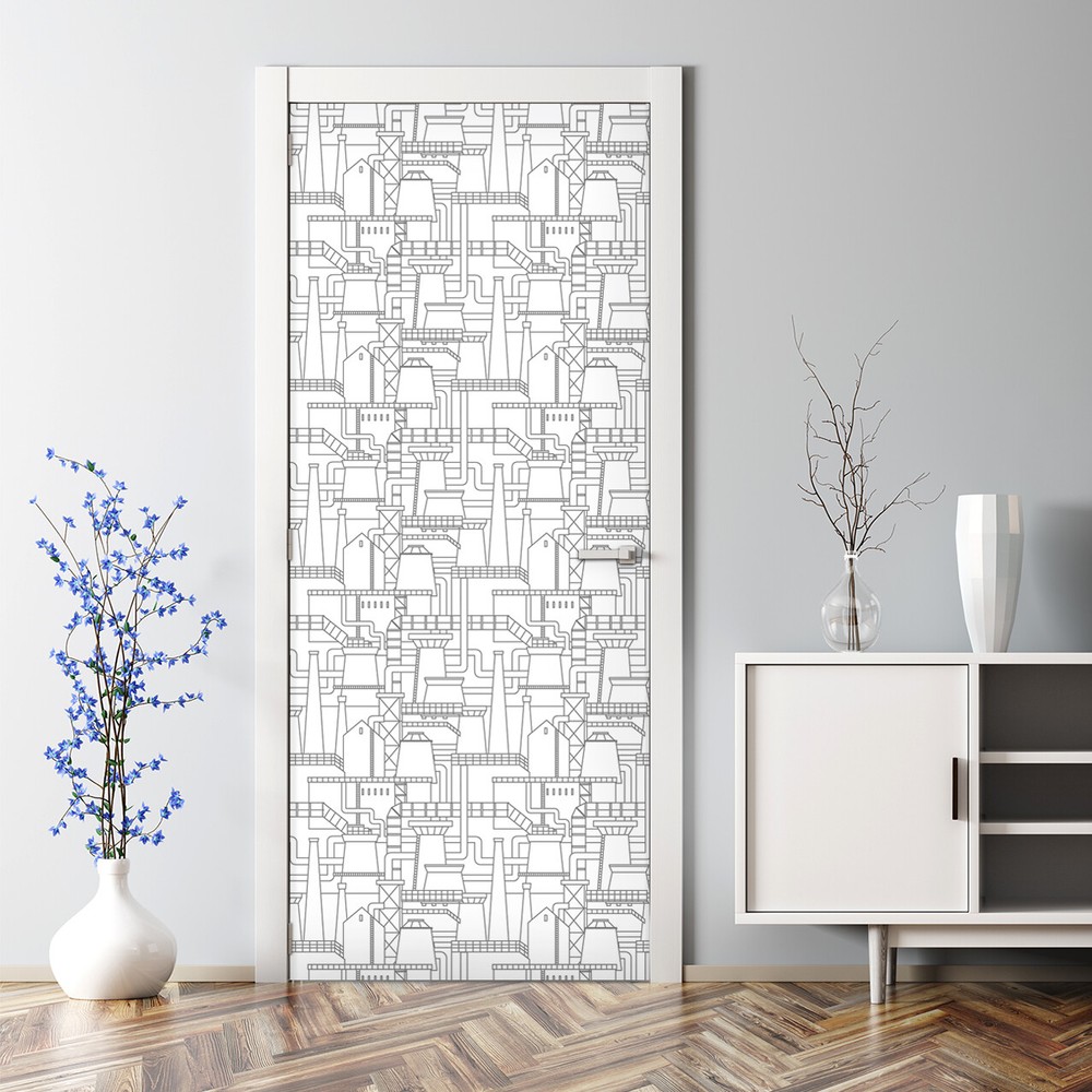 Bubble-free industrial city door decal in black and white design
