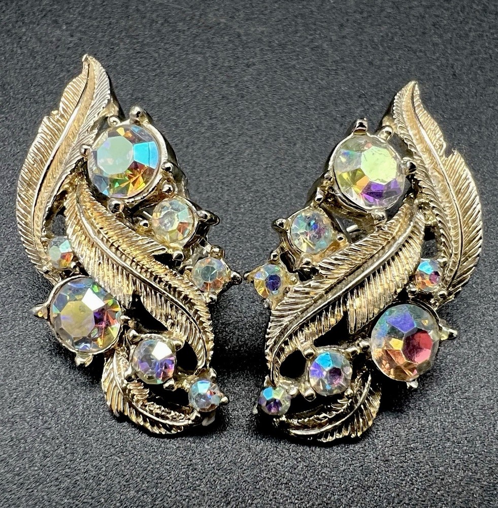 Vintage Coro Aurora Borealis Rhinestone Clip On Earrings Gold Tone 1.5 Inches