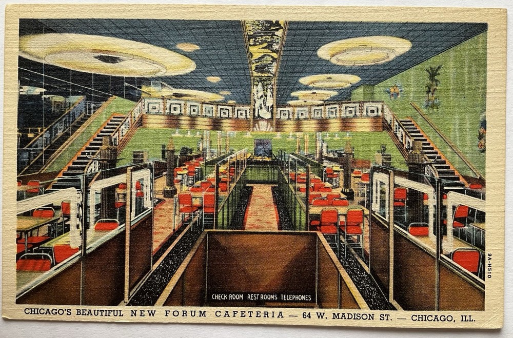 Linen Postcard - New Forum Cafeteria, 64 W. Madison St, Chicago, Illinois IL