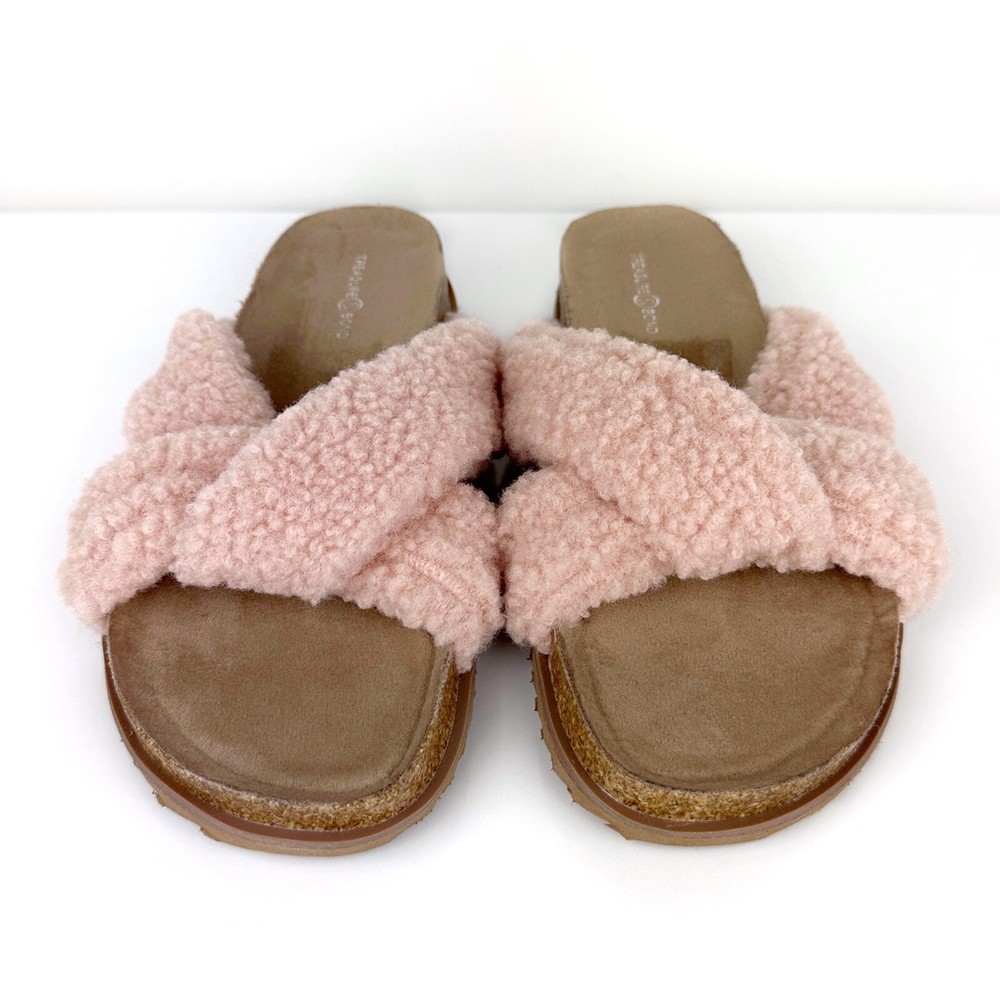 Trendy Davina Faux Shearling Slide Sandals for Women - Pink Size 7