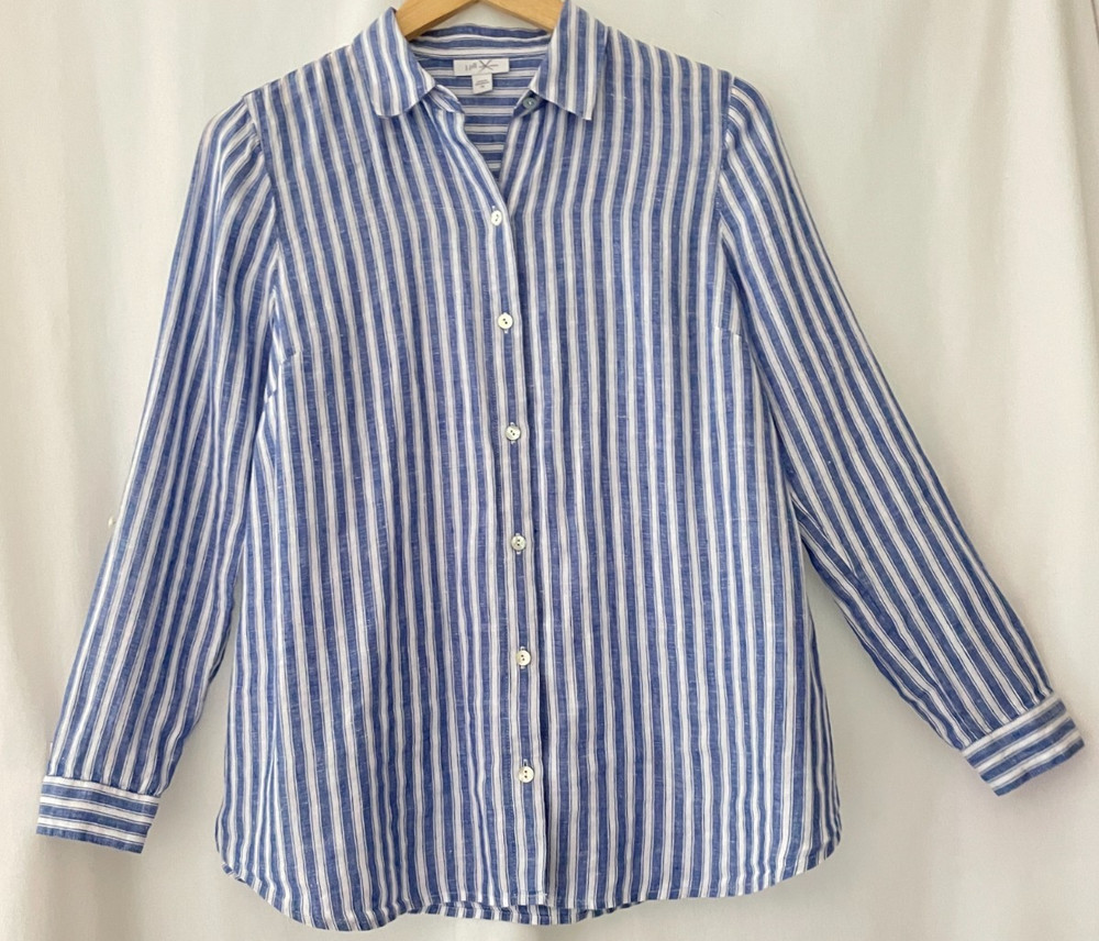 J Jill Love Linen Blouse Shirt XS Top White Blue Striped Shirt CoASTaL CaSuAL