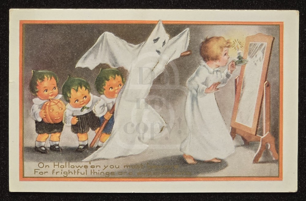 Scarce Halloween Postcard with Scared Kid, Ghost in Mirror. C 1910's Whitney