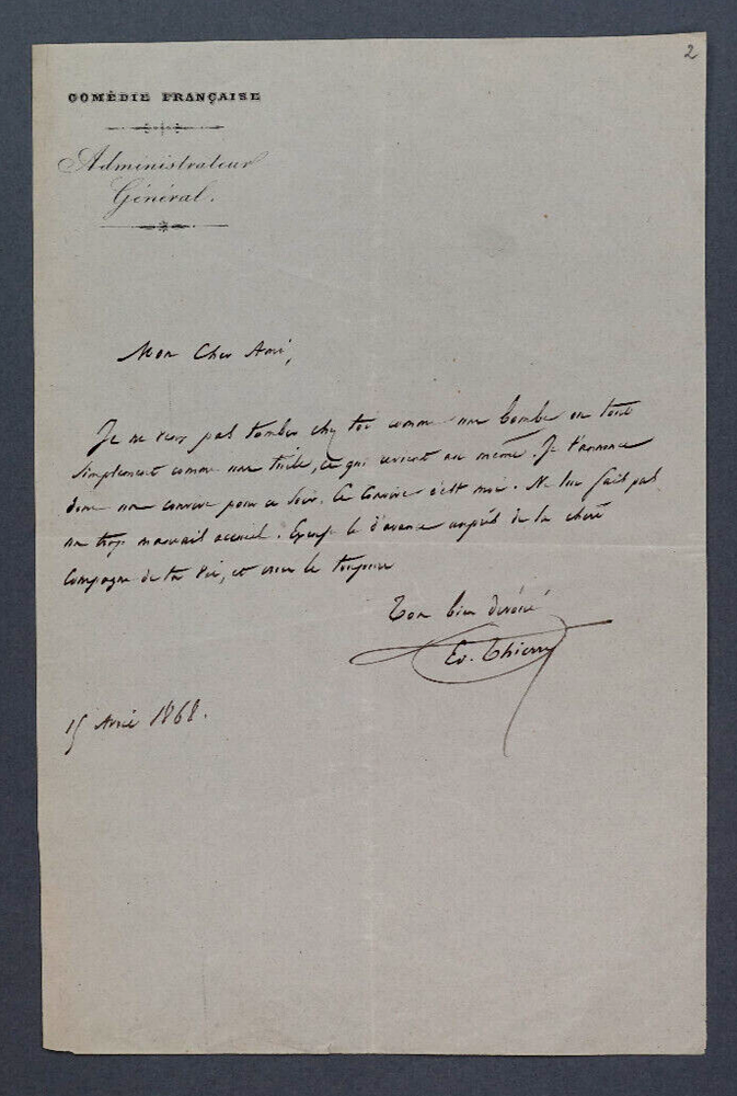 Edouard Thierry - Autographed Letter Signed, 1868