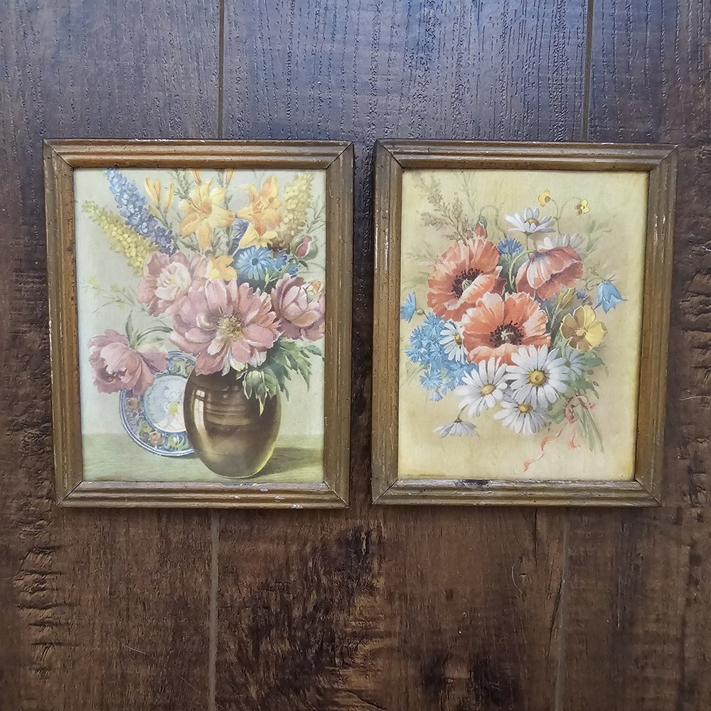 Vintage Botanical Floral Litho Prints Set of 2 Metal Framed Cottage Wall Art MCM