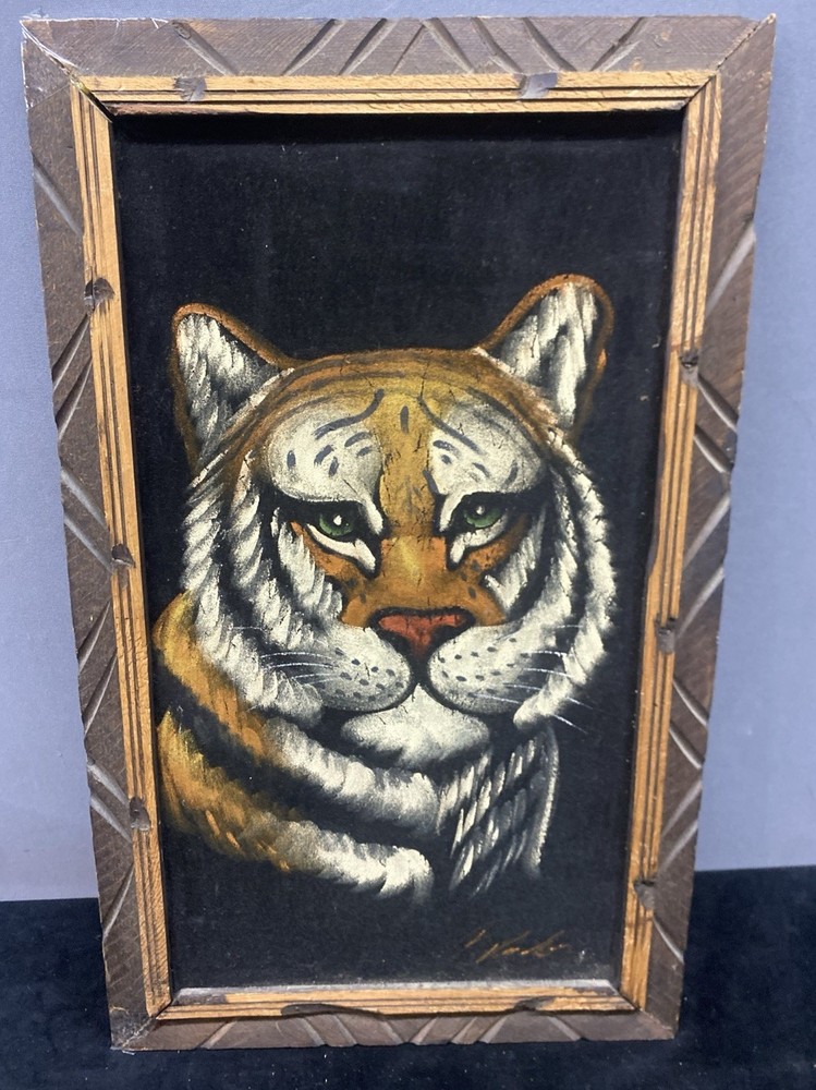Black Velvet Tiger Vintage (1970s) Painting 23 X 14 Wood Framed READ DETAILS