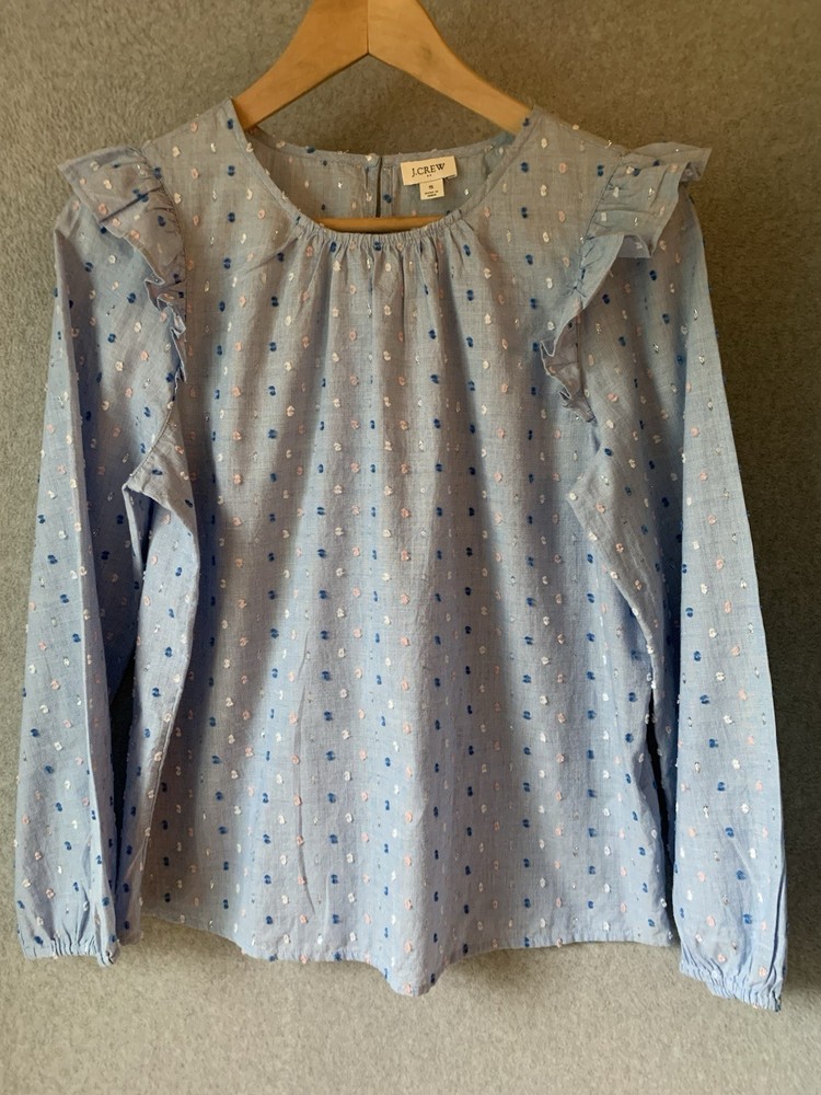 J.Crew Ruffle Long Sleeve Keyhole Blouse Sz S Swiss Dot Blue Career Feminine