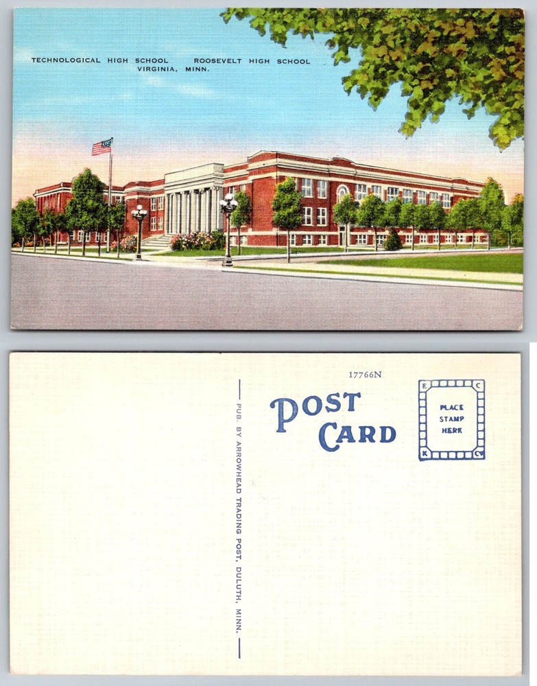 Technological Roosevelt High School Virginia MN Linen Postcard 1940s