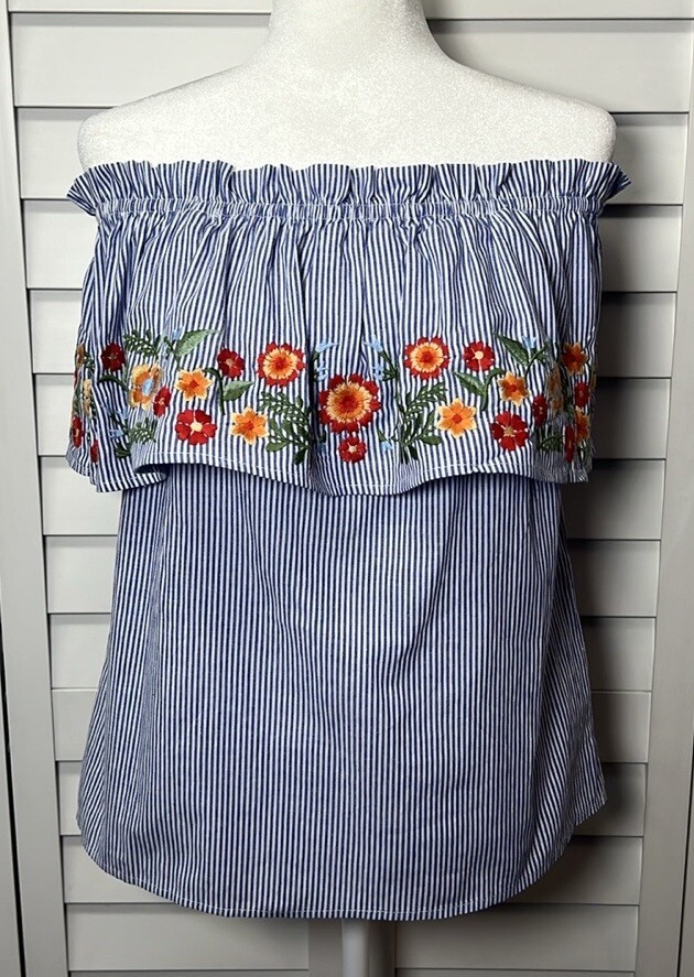 Miss Me Striped Floral Embroidered Off The Shoulder Boho Top Women’s Size Medium