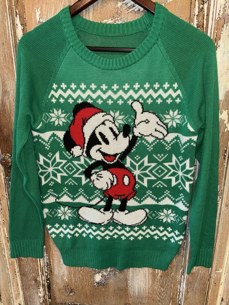Disney Mickey Mouse Womens Christmas Sweater Green Fair Isle Snowflake