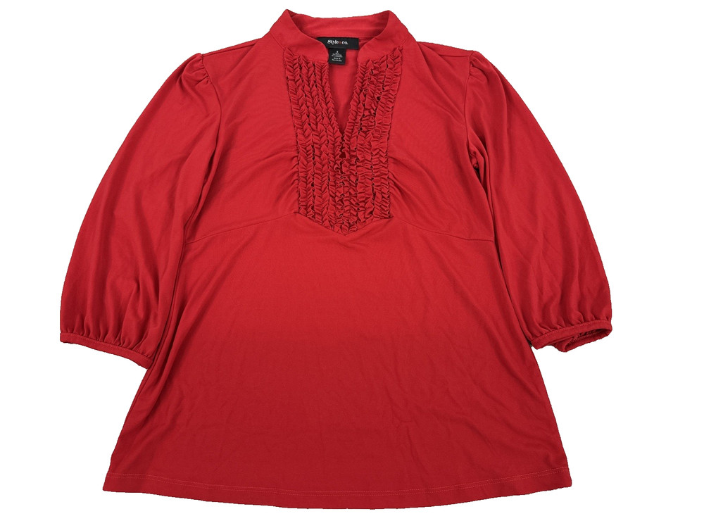 Style & Co Women’s Red Blouse S Ruffle Split Neck 3/4 Sleeve Peasant Boho Top