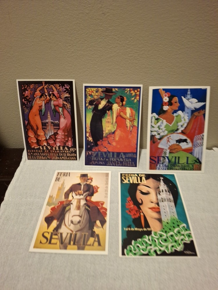 5 New Postcards of Vintage Travel Posters Feria Fiesta Sevilla Spain Flamenco