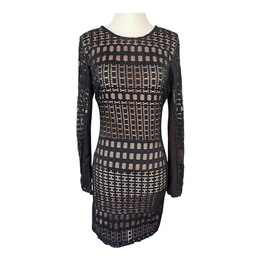 Y2K Bebe Black Geometric Lace Mesh Bodycon Dress Size M – Long Sleeve Sheer Pane