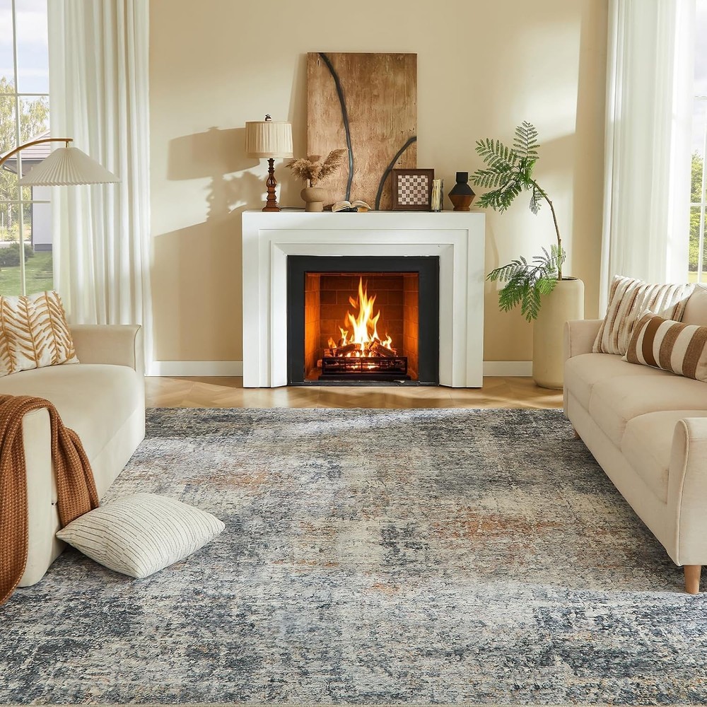8x10 Washable Area Rug - Modern Abstract Distressed Vintage Carpet with Non-Slip