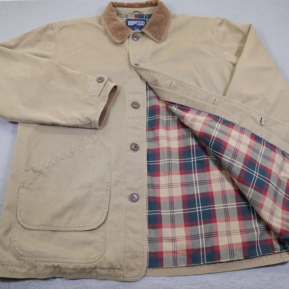 Lands End Barn Chore Coat Mens LT Tall Brown Canvas Corduroy Collar Plaid Lined