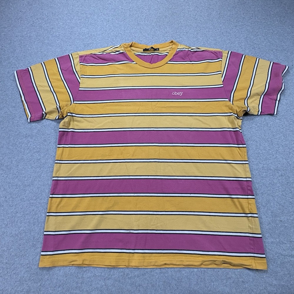 Obey Striped T Shirt Mens L Pink Yellow Skate Streetwear Logo Tee Y2K