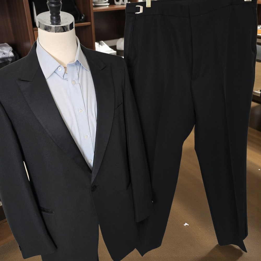 Vtg 1970s Peak Lapel Tuxedo 46L Dlim Fit 40x31 Adjustable Waist Flare Leg