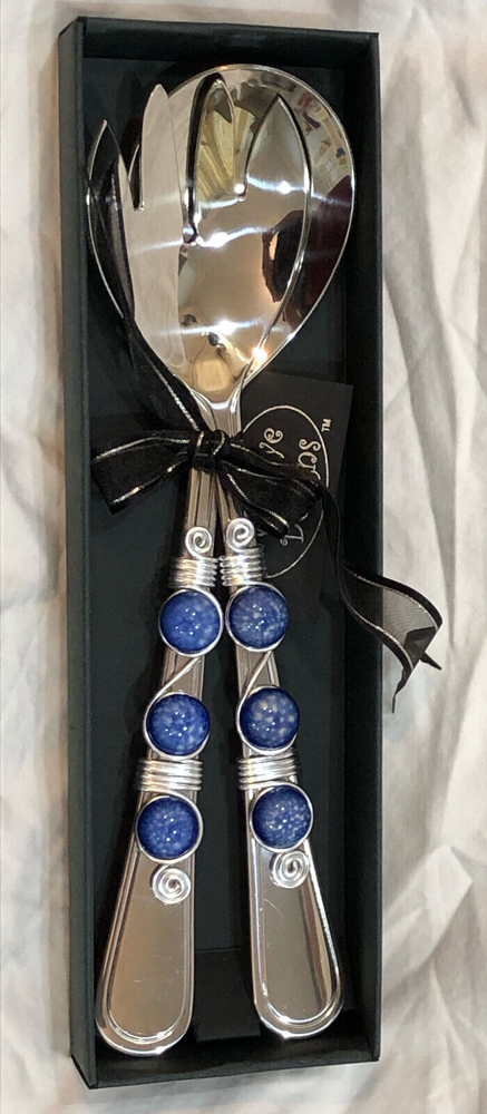 Wild Eye Designs Salad Servers Stainless Fork and Spoon Blue Spot Stones 10