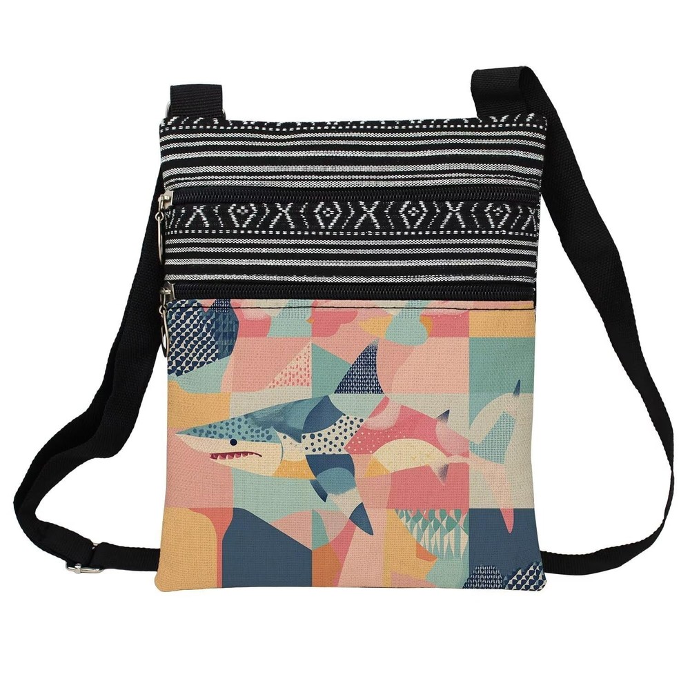 Abstract Shark Print Messenger Bag with Adjustable Strap - Small Ethnic Design-image