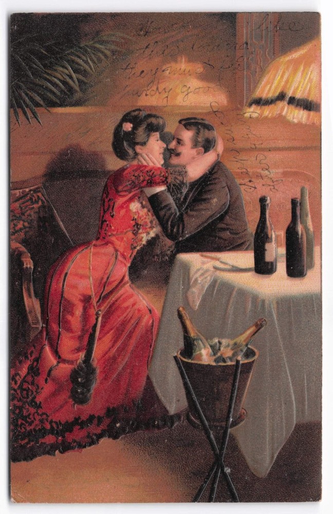 Vintage Embossed Romantic Couple Postcard with Champagne Scene 1909