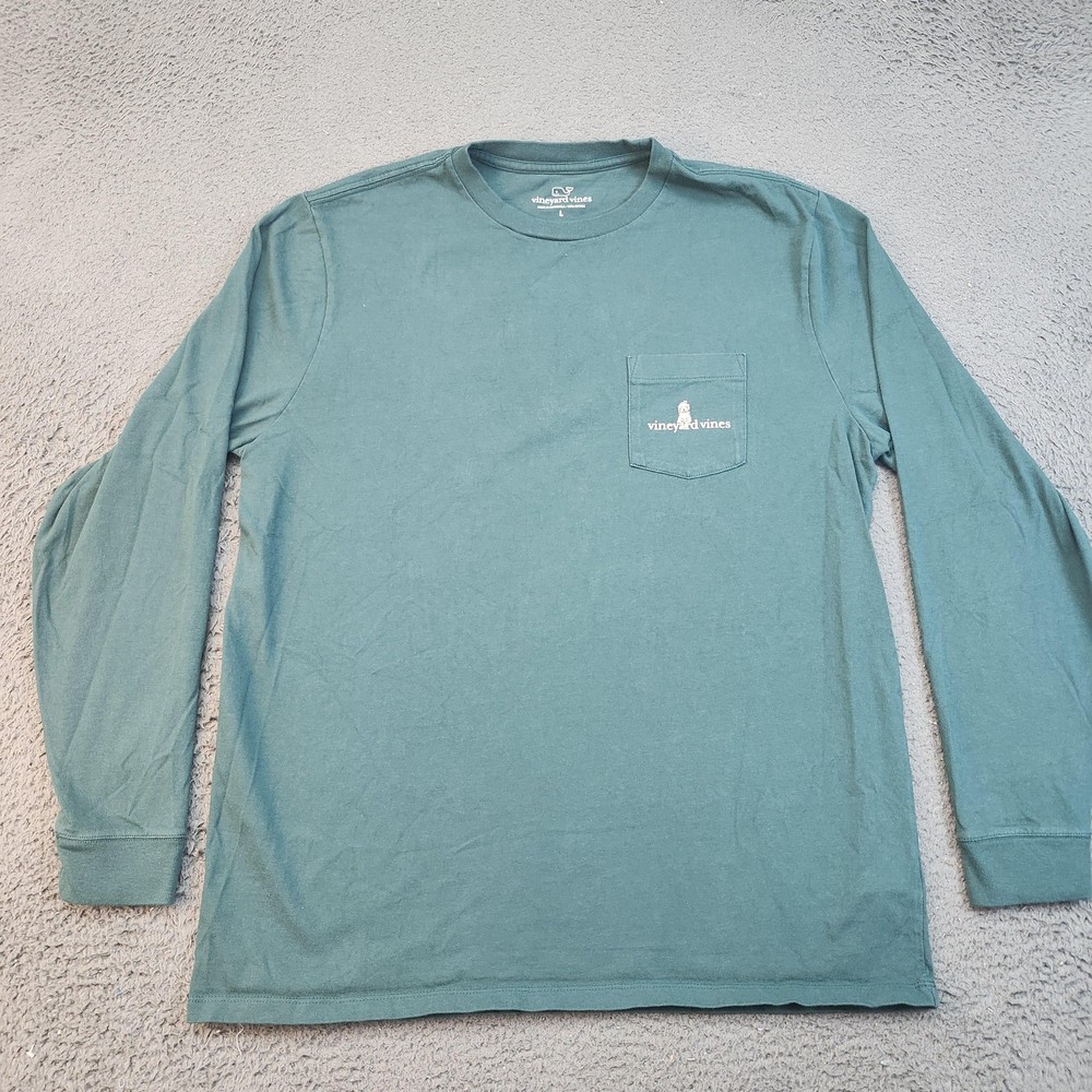 Vineyard Vines Shirt Mens Large Green Long Sleeve Pocket Christmas Graphic Dogs