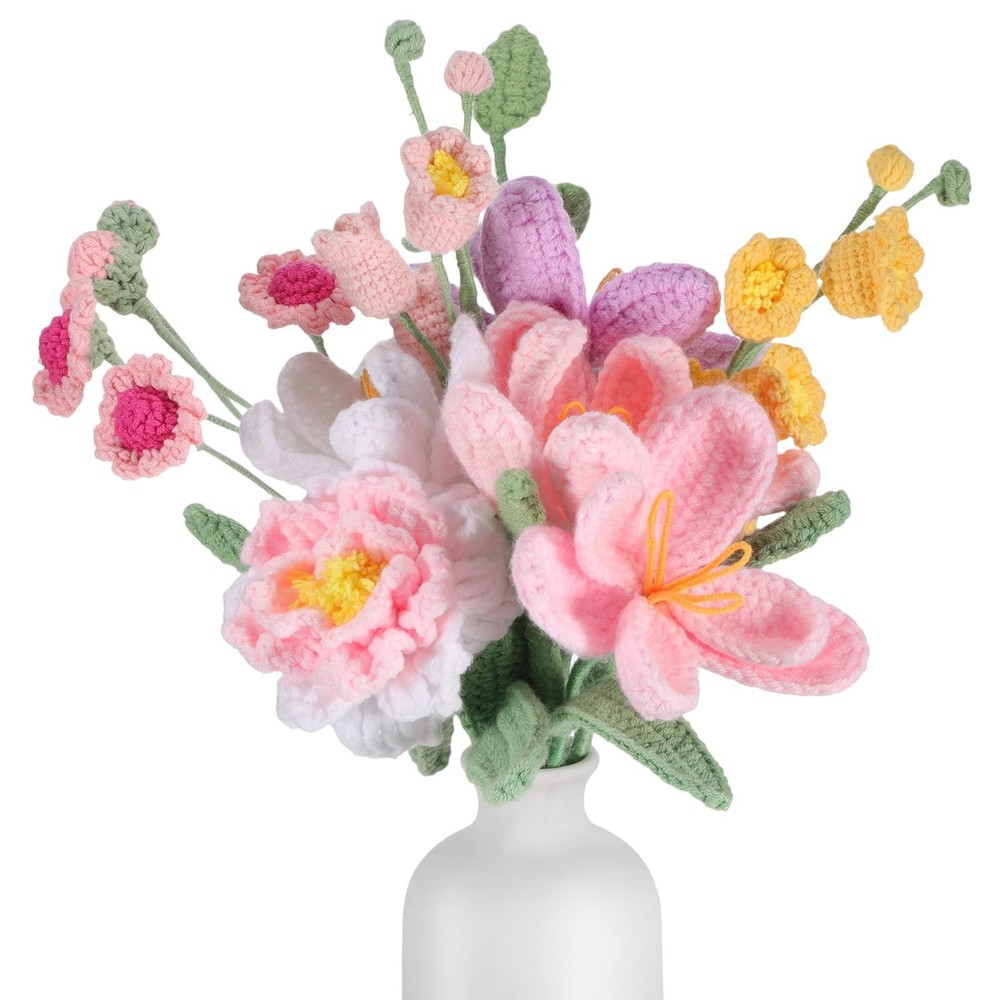 Crochet Flower Bouquet Gift Pink Peony Tulips Daisies Handmade Crochet Flower...
