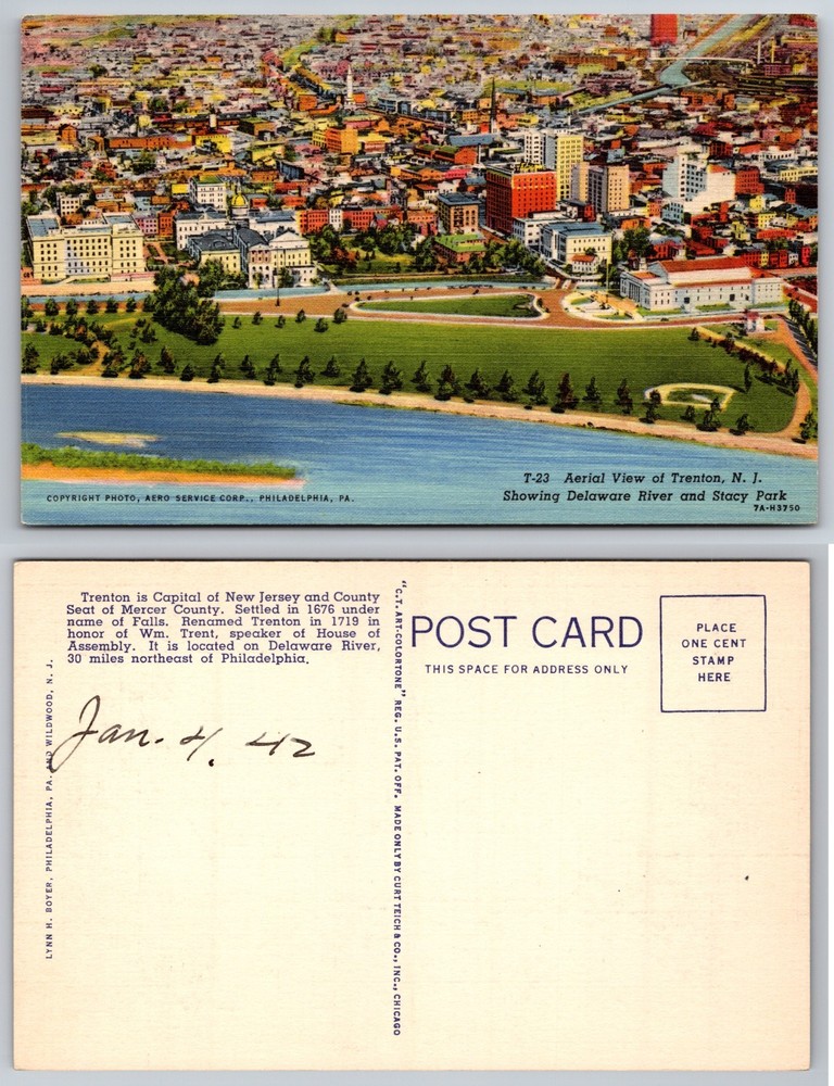 Aerial View Stacy Park Delaware River Trenton NJ Postcard