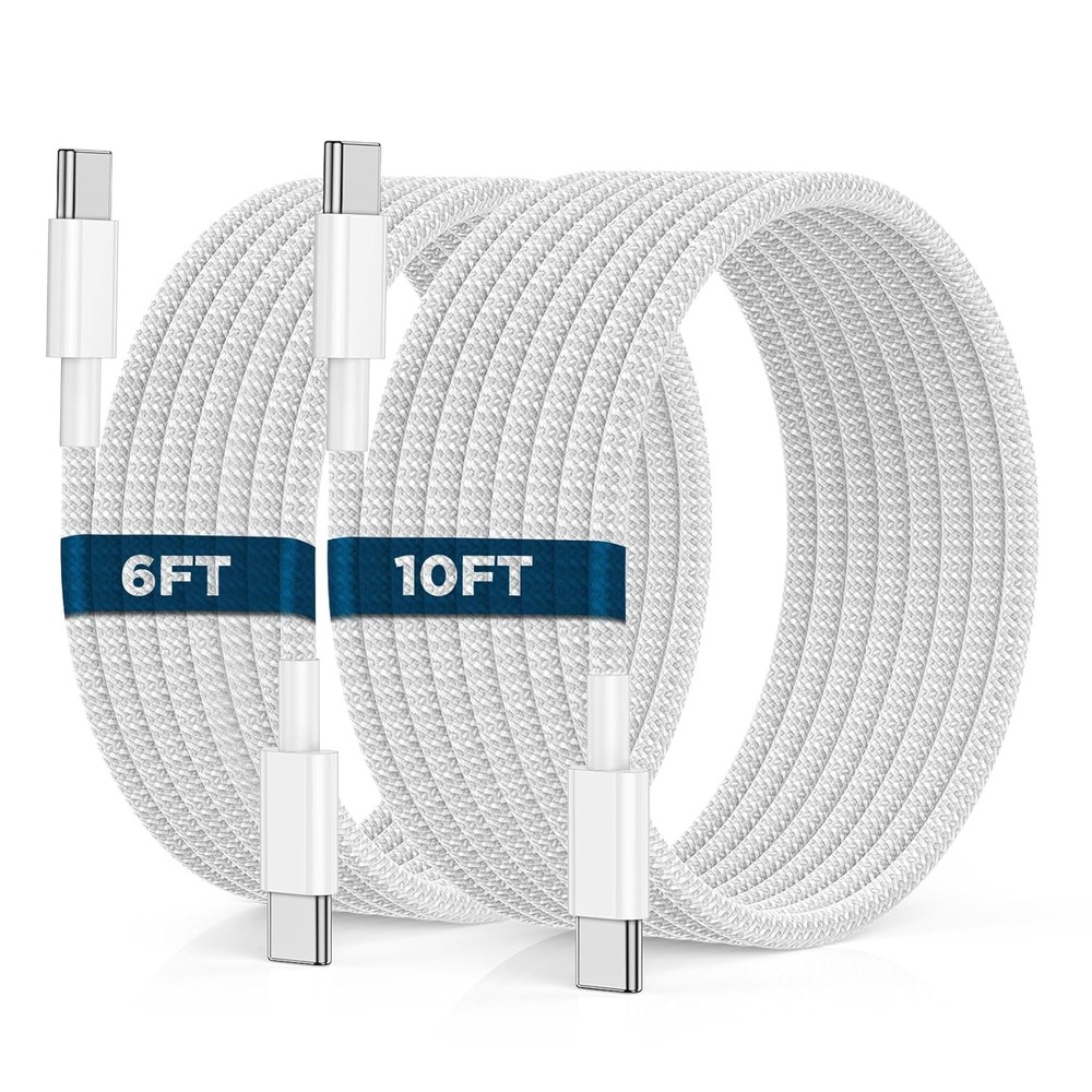 USB C to C Cable 6FT+10FT 2-Pack 60W Fast Charging for iPhone 16 15 White