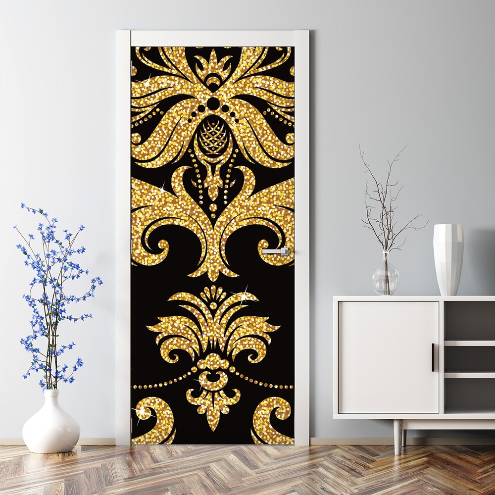 Floral golden Bubble Free Door sticker golden and black Decal traditional