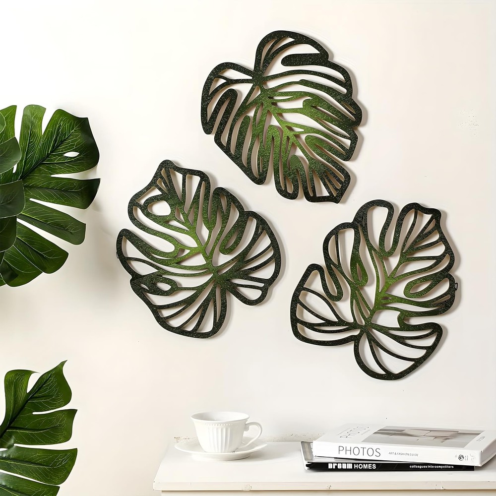 Palm Leaves Wood Wall Decor, 3Pcs Tropical Wall Art Jungle Decor, Wooden Natu...