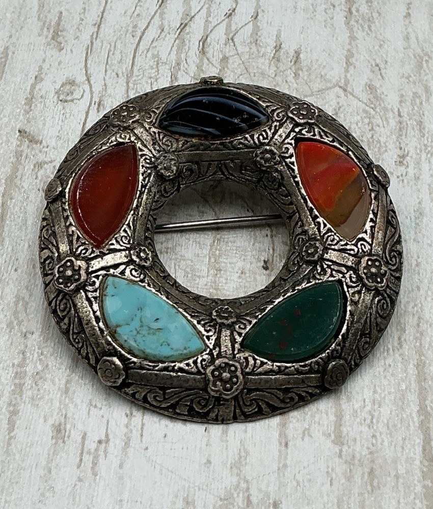 Vintage Celtic Miracle Brooch with Multi-Color Faux Agate and Ornate Silver Tone