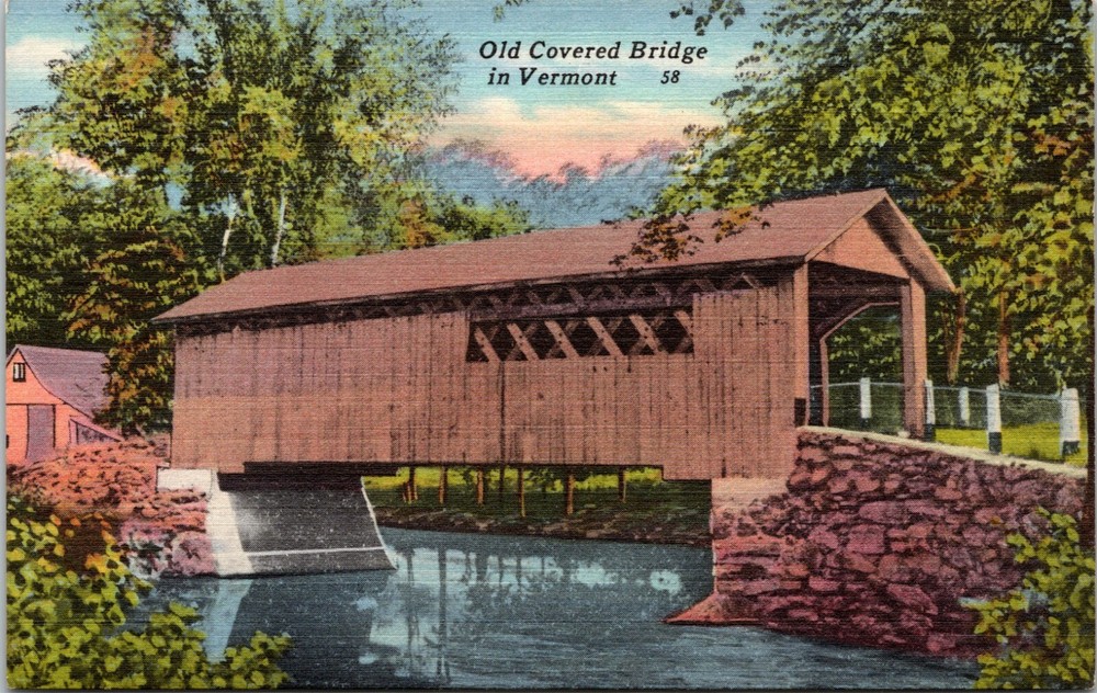 View of Old Covered Bridge in Vermont Vintage Linen Postcard