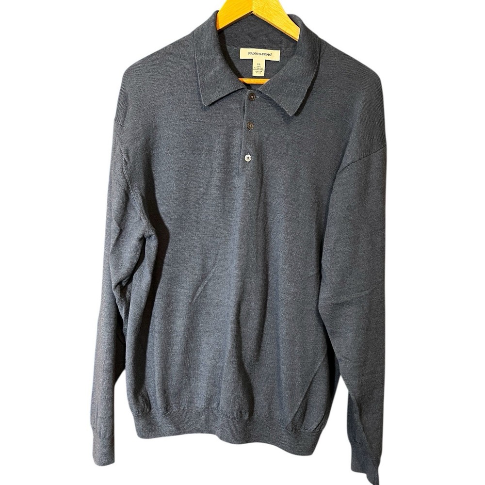 Pronto Uomo XL Sweater 100% Extra Fine  Merino Wool Long Sleeve Polo Slate Blue