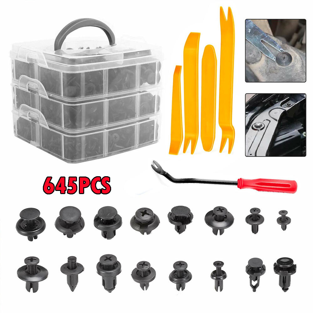 645Pcs Plastic Fender Fastener Rivets Bumper Push Clips Pin With Remover Tool