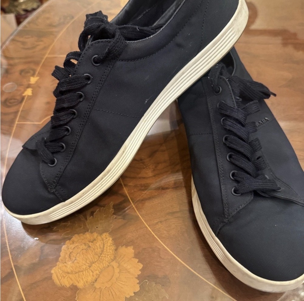 Prada 4E 2860 Men's Black Canvas Leather Lace Up Logo Casual Sneakers Size 9